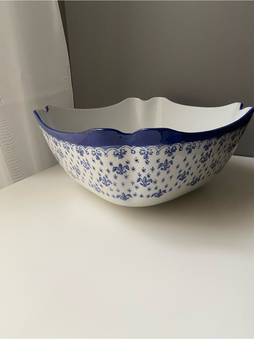 Vintage WCL Fleur De Lis Serving Dish Bowl Scalloped Corners, Blue And White